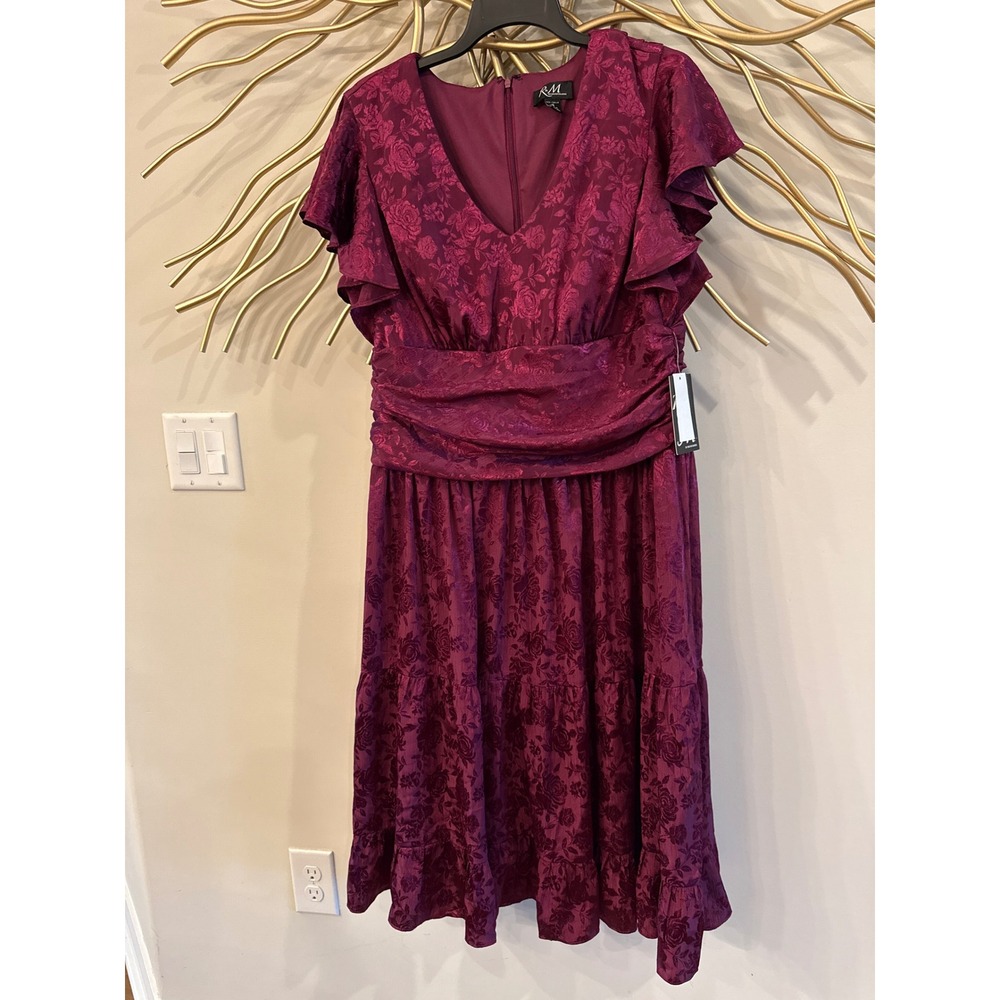 RM Richards Womens Plum Floral Jacquard V-Neck Tiered Ruffle Midi Dress NWT
